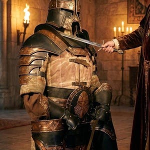 May include: A kneeling figure in medieval armor, featuring a black and bronze helmet and breastplate. The armor has intricate detailing and is being touched by a sword. The scene is set in a stone chamber with candlelight, suggesting a knighting ceremony.