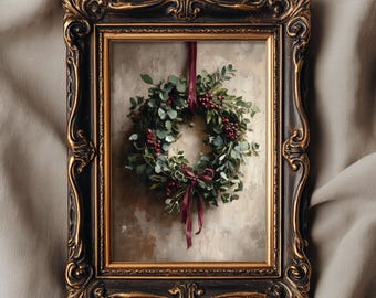 Vintage Christmas Wreath Oil Painting, Holiday Wall Art (Digital Download)
