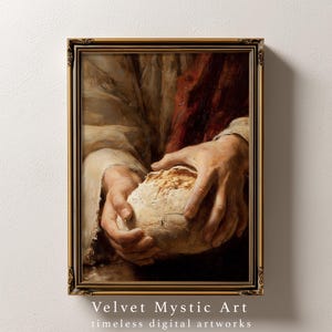 May include: A framed digital artwork featuring a close-up of hands holding a loaf of bread. The artwork is in warm tones, with a gold ornate frame. The text "Velvet Mystic Art" and "timeless digital artworks" is at the bottom.