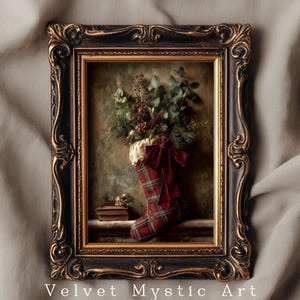 Vintage Christmas Stocking Oil Painting Art Print | Tartan Plaid, Velvet Bow (Digital Download)