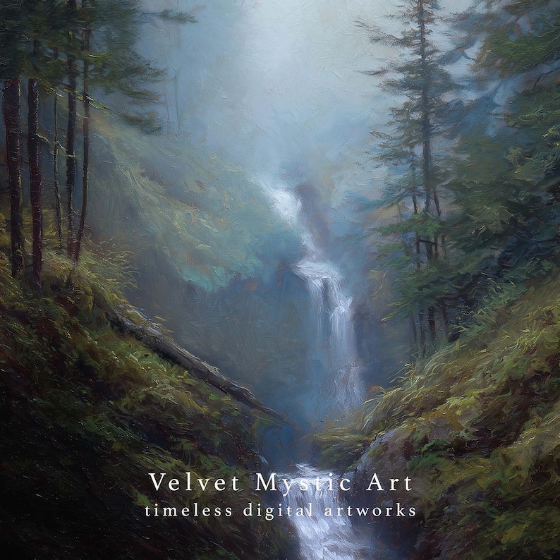 May include: An oil painting of a misty waterfall cascading down a rocky hillside, surrounded by tall evergreen trees. The artwork has a soft, ethereal quality with muted greens, blues, and browns. Text at the bottom reads "Velvet Mystic Art, timeless digital artworks."