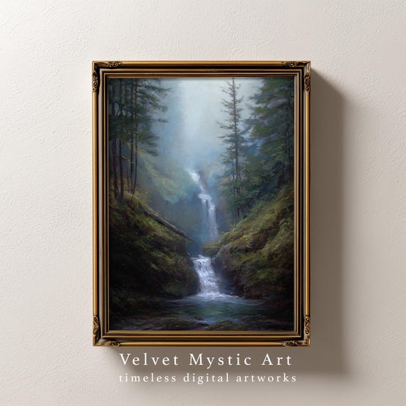 Moody Forest Waterfall Wall Art, Misty Evergreen Landscape Print, Dark Nature Painting, Pacific Northwest Style Art, Digital Download