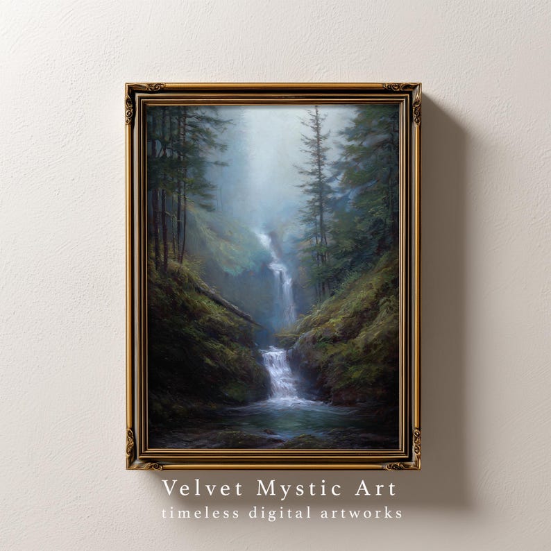 May include: A framed landscape painting depicts a waterfall cascading through a lush, green forest. The artwork, with a gold-colored ornate frame, features a misty atmosphere and the text "Velvet Mystic Art" and "timeless digital artworks".