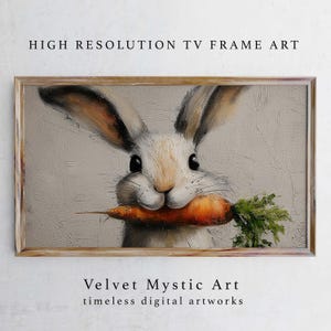 May include: A framed digital artwork featuring a close-up of a white rabbit with long ears, holding a carrot in its mouth. The artwork has a textured, painted appearance. Text at the top reads "HIGH RESOLUTION TV FRAME ART" and at the bottom "Velvet Mystic Art timeless digital artworks."