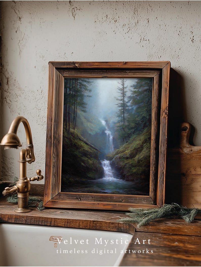 May include: A framed landscape painting of a waterfall cascading through a lush, green forest. The artwork is displayed in a rustic, wooden frame. The text "Velvet Mystic Art, timeless digital artworks" is visible at the bottom.