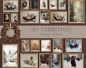 lot de décorations murales vintage pour galerie de Noël | Ensemble d'oeuvres d'art imprimables de Noël | Téléchargement numérique 300 ppp
