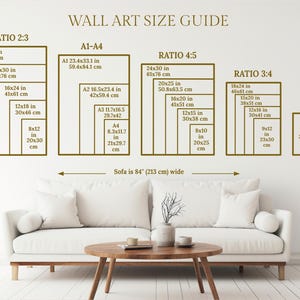 May include: Wall art size guide with dimensions in inches and centimeters. Displays various aspect ratios: 2:3, A1-A4, 4:5, 3:4, and 11x14. Includes measurements for each size, such as 24x36 inches (61x91 cm). A sofa is shown below the guide.