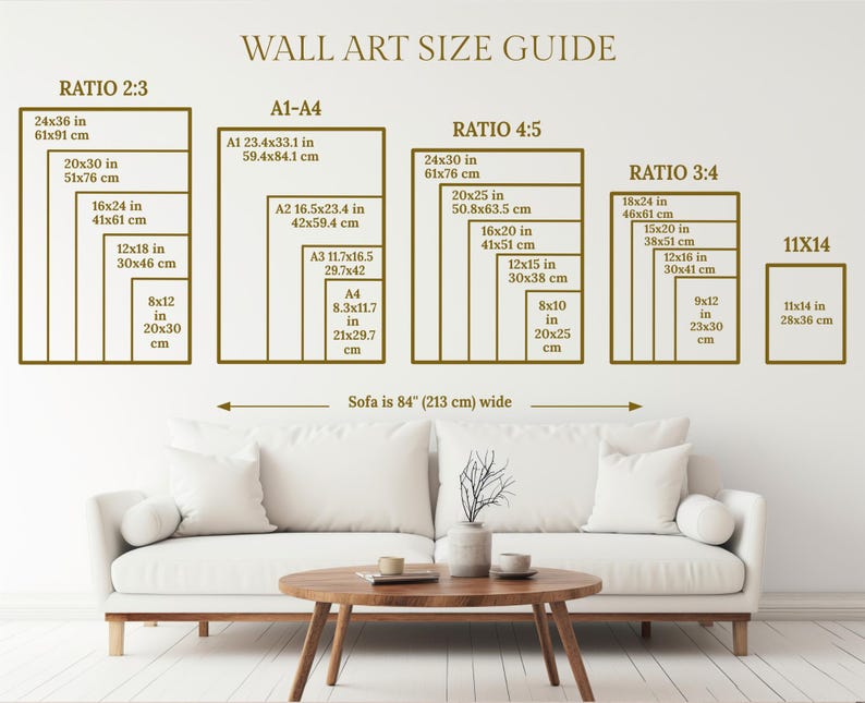 May include: Wall art size guide with dimensions in inches and centimeters. Displays various aspect ratios: 2:3, A1-A4, 4:5, 3:4, and 11x14. Includes measurements for each size, such as 24x36 inches (61x91 cm). A sofa is shown below the guide.