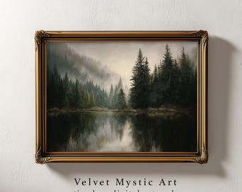 Misty Forest Lake Wall Art, Moody Evergreen Landscape Print, Pacific Northwest Inspired Nature Painting, Digital Download