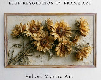 Dried Sunflower Frame TV Art, Vintage Floral Samsung TV Art, Rustic Farmhouse Wall Art, Autumn Neutral Decor, Digital Download