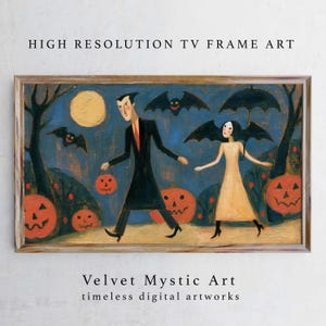 May include: A digital artwork print in a wooden frame featuring a stylised illustration of two figures walking at night. The scene includes a full moon, orange jack-o'-lanterns, and black bats against a dark blue background. Text reads HIGH RESOLUTION TV FRAME ART.