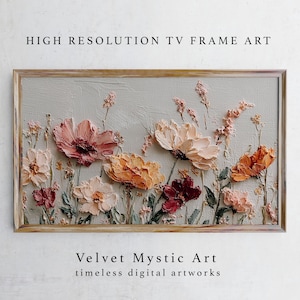Può includere: Un'opera d'arte floreale incorniciata con fiori strutturati e in rilievo nei toni del rosa, dell'arancione e del bordeaux su uno sfondo grigio chiaro. La cornice è di colore marrone chiaro. Il testo in alto recita "HIGH RESOLUTION TV FRAME ART" e in basso "Velvet Mystic Art timeless digital artworks."