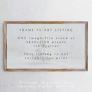 May include: A framed digital artwork listing for Frame TV. The image features a winter landscape with a tree. Text on the artwork states the image file size, aspect ratio, and that it is not suitable for print. The bottom of the artwork reads "Velvet Mystic Art".