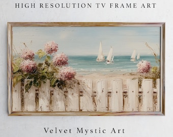 Coastal Grandmillennial Samsung Frame TV Art, Beach Hydrangea Art, Summer Seascape, Frame TV Art 4K, Cottagecore Art, (Digital Download)