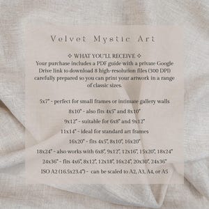 May include: Text on a cream-colored background reads "Velvet Mystic Art" and details about a digital art download. Includes sizes like 5x7 inches, 8x10 inches, 9x12 inches, 11x14 inches, 16x20 inches, 18x24 inches, and 24x36 inches.