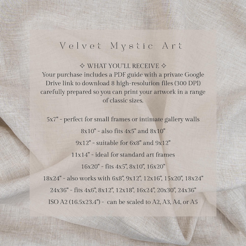 May include: Text on a cream-colored background reads "Velvet Mystic Art" and details about a digital art download. Includes sizes like 5x7 inches, 8x10 inches, 9x12 inches, 11x14 inches, 16x20 inches, 18x24 inches, and 24x36 inches.