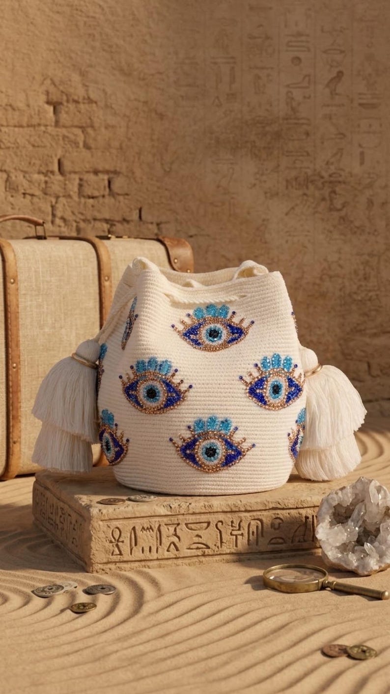 Puede incluir: Un bolso tipo saco de color crema con un patr&oacute;n repetitivo de motivos de ojos turcos hechos con cuentas en tonos azul, dorado y blanco. El bolso tiene un cierre de cord&oacute;n y est&aacute; decorado con grandes borlas blancas en capas a ambos lados.