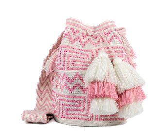 Pink & white beaded geometric boho artisan purse
