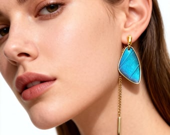 Blue Morpho Butterfly Wing Earrings | 14K Gold Tassel Dangles