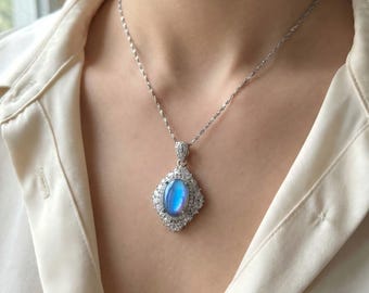 Real Blue Morpho Butterfly Necklace, Vintage Silver Art Deco Pendant, Zircon Halo, Royal Core Jewelry, Sapphire Alternative, Adjustable