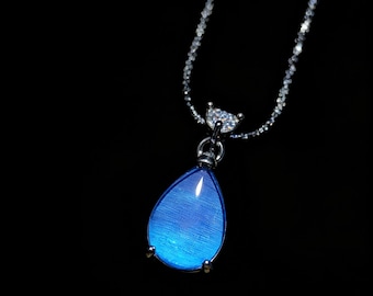 Collier en forme de larme en argent véritable aile de papillon, collier cadeau artisanal réglable, hypoallergénique, bleu profond irisé