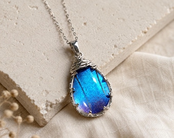 Collier en forme de larme véritable aile de papillon morpho, cadeau hypoallergénique en argent sterling