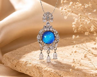 Halsband med äkta blå Morpho-fjärilsvinge, brudgåva i sterlingsilver