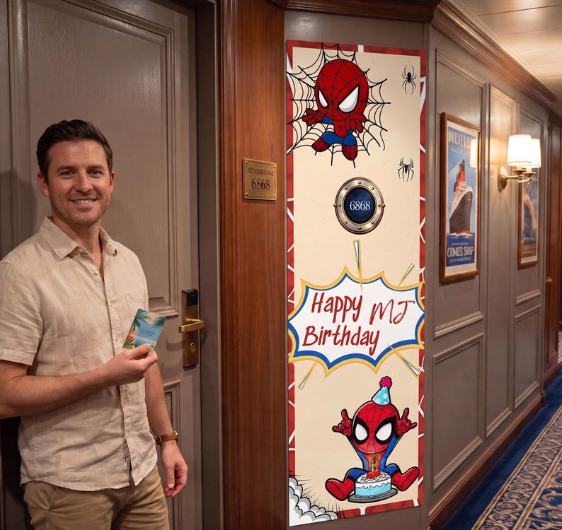 Kryssningsdörrbanderoll | Kryssningsdekor | Personlig kryssningsdörrdekor | Canva-mall | Spiderman | Födelsedag | Redigerbar mall bild 2