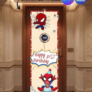 Kryssningsdörrbanderoll | Kryssningsdekor | Personlig kryssningsdörrdekor | Canva-mall | Spiderman | Födelsedag | Redigerbar mall bild 1