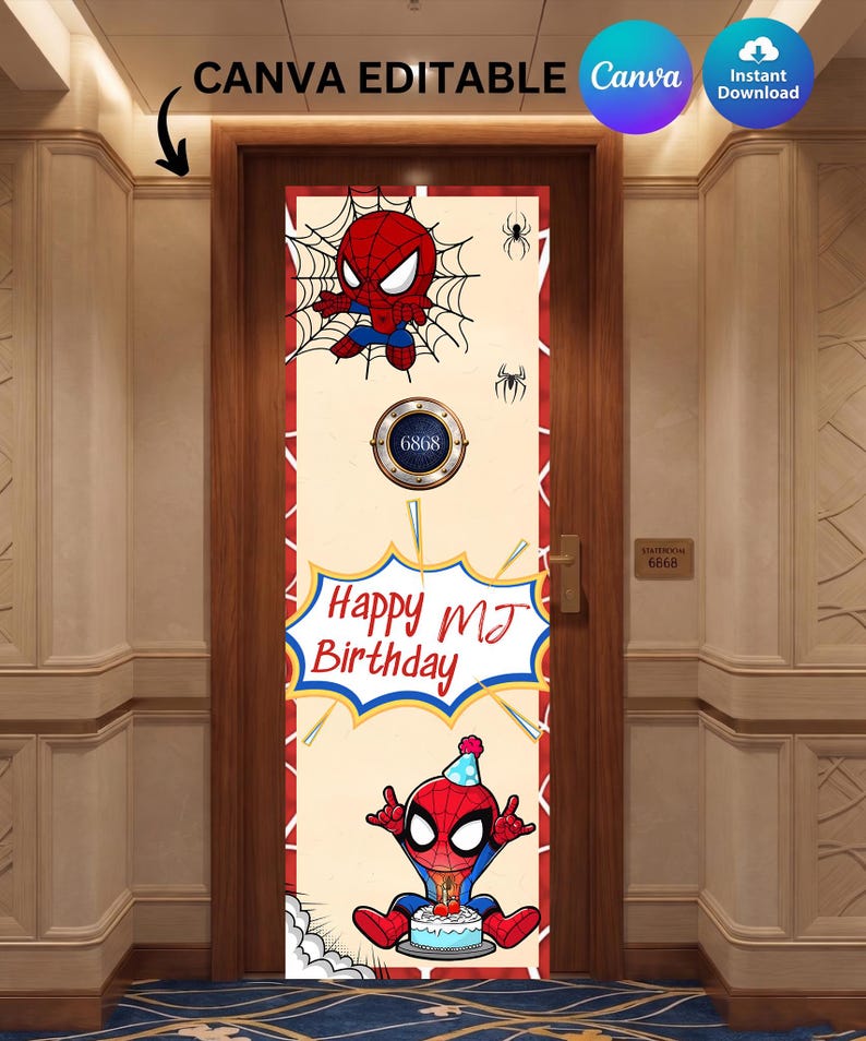 Kryssningsdörrbanderoll | Kryssningsdekor | Personlig kryssningsdörrdekor | Canva-mall | Spiderman | Födelsedag | Redigerbar mall bild 1