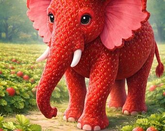 Strawberry Elephant Wrapping Paper Digital Download Seamless Fruit Animal Pattern