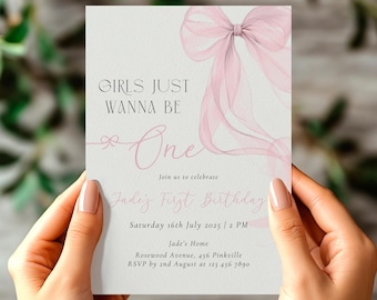 Pink Bow 1st Birthday Invitation, Girls First Birthday (Editable Template)