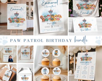 Watercolor Rescue Pups Birthday Party Bundle, Editable Decor (Canva Digital Download)