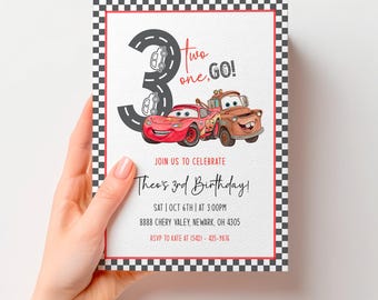 Cars 3rd Birthday Invitation, Lightning McQueen Theme (Digital Invite Template 5x7" Canva Editable)