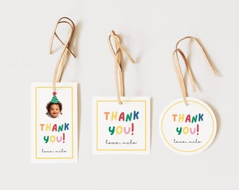 Photo Birthday Tags, Editable First Birthday Favor Labels (Canva Template)