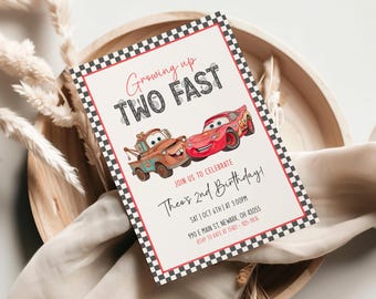 Zaproszenie urodzinowe Lightning McQueen, dwa szybkie, edytowalne szablony Canva