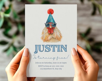 Funny Chicken Birthday Invitation Template, Farm Animal Party, Kids Invite (Digital Download)