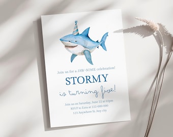 Shark Birthday Invitation, Ocean Theme Party, Editable Canva Template (Digital Download)