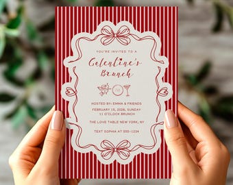 Galentines Brunch Invitation, Valentines Day Cocktail Dinner Party, Bow Whimsy Hearts, Stripes Coquette Cupid Card Canva Template