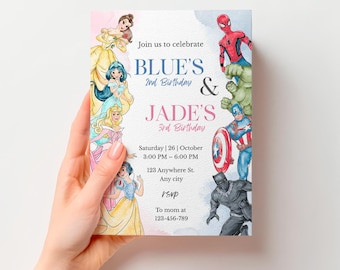 Superhero Princess Birthday Invitation, Twin Sibling Party, Editable Canva Template (Digital Download)