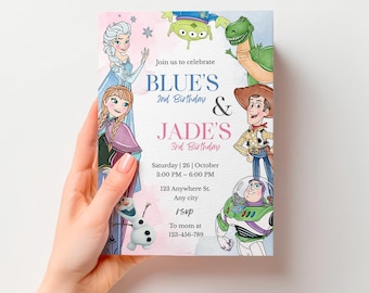 Princess and Toy Story Birthday Invitation, Twin/Sibling Invite (Canva Digital Template)