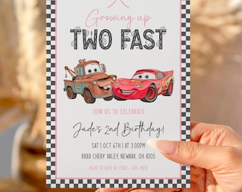 Editable Cars Birthday Invitation, Pink Two Fast, Canva Template