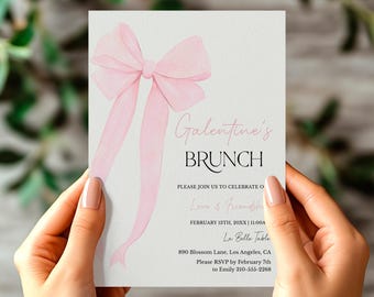 Pink Bow Galentine's Brunch Invitation Template, Valentine's Party Invitation, Girls Brunch Mimosa party Invite, Galentines Invite Printable