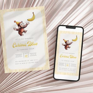 Curious George Birthday Invitation | Editable Monkey Party Invite 5x7 + Phone 1080x1920 | Digital Download  | Canva