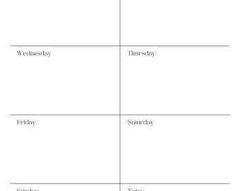 Könnte beinhalten: Ein weißer Wochenplaner mit dem Text "WEEKLY PLANNER" oben. Der Planer ist in Abschnitte für jeden Wochentag unterteilt, mit Platz für Notizen. Dekorative Sternausbrüche befinden sich in den oberen Ecken.