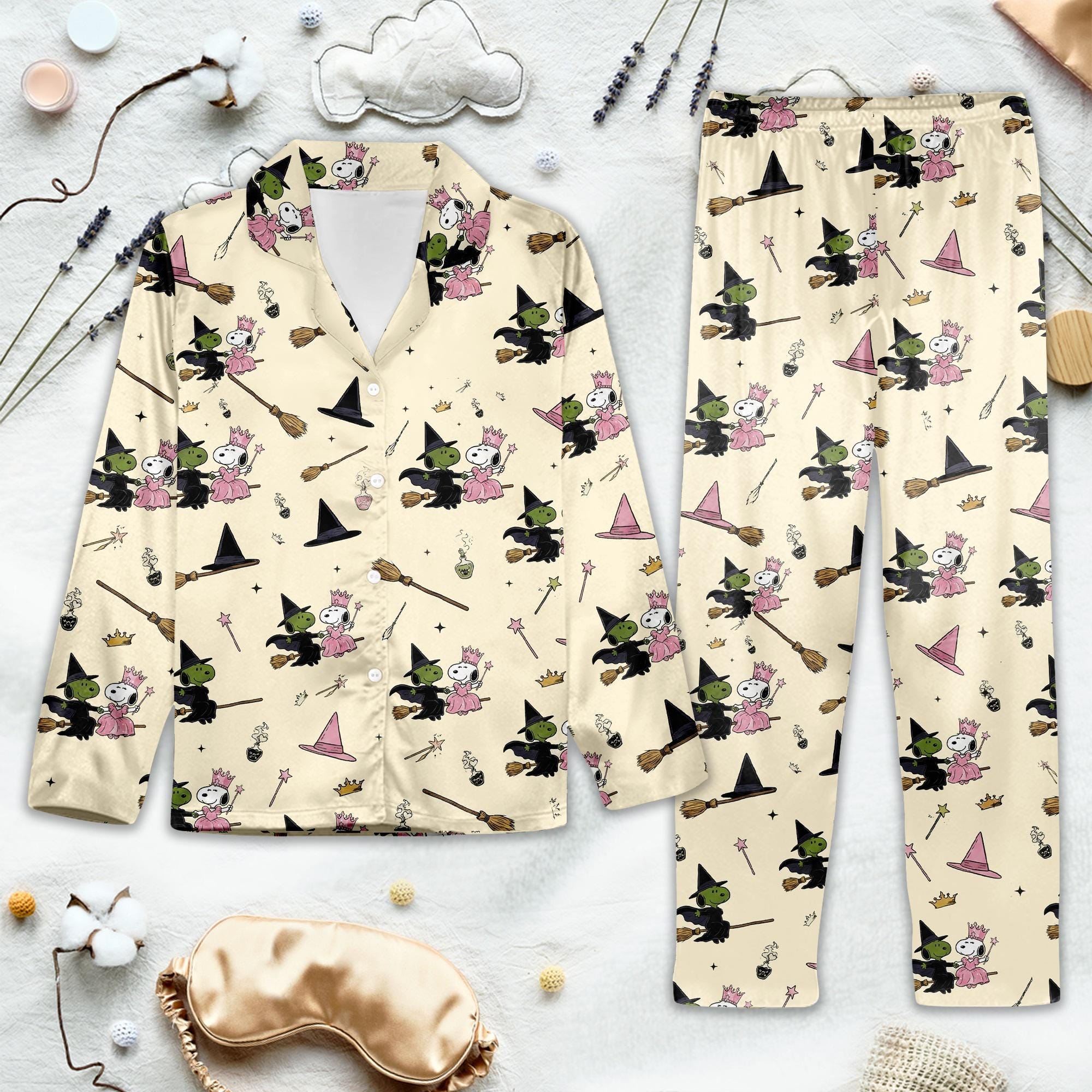 Discover Cute Witch Pajamas for Women  Magic Girl Sleepwear Set with Brooms, Hats & Potion Icons, Halloween Cozy Cartoon PJs