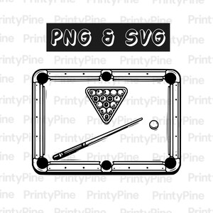 May include: Black and white illustration of a pool table with a rack of billiard balls, cue stick, and cue ball. The image includes the text "PNG & SVG" in a black rectangle above the pool table.