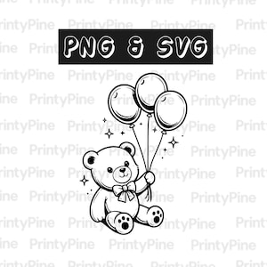 May include: A monochrome illustration of a teddy bear with three balloons and stars. The bear has a bow tie. The text "PNG & SVG" is displayed above the bear on a black background.