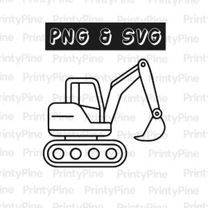 Op de afbeelding: Zwart-wit lijntekening van een graafmachine met de tekst "PNG & SVG" erboven. De graafmachine heeft een bak, arm en rupsbanden. Geschikt voor digitale projecten en knutselwerk.
