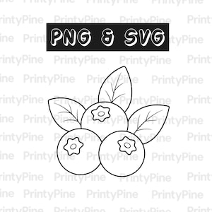 May include: A black and white line art illustration of three blueberries with leaves. Above the berries, a black rectangular box contains the white text PNG & SVG. The background is white with the repeating watermark text PrintyPine.
